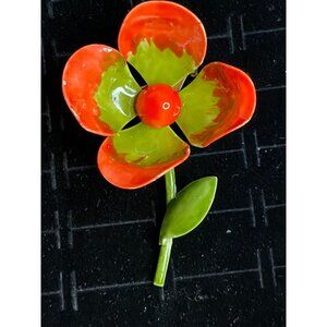 Retro Flower Brooch Orange & Green Enamel Metal Pin 2.75"